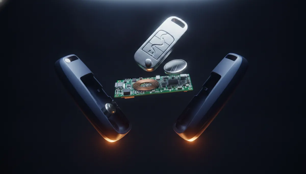 A car key fob opened into its parts — shells, circuit board, battery and blade