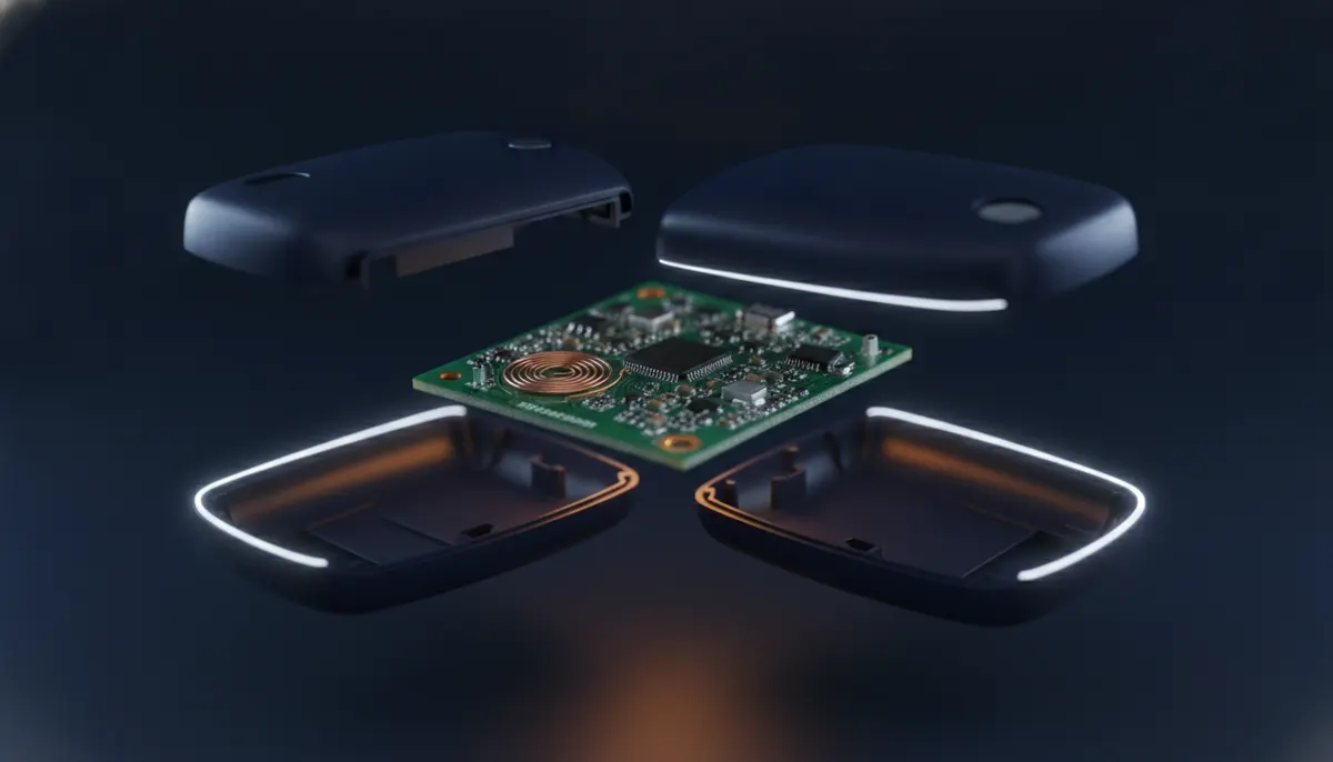Inside a car key fob — the circuit board and antenna coil that a relay attack targets