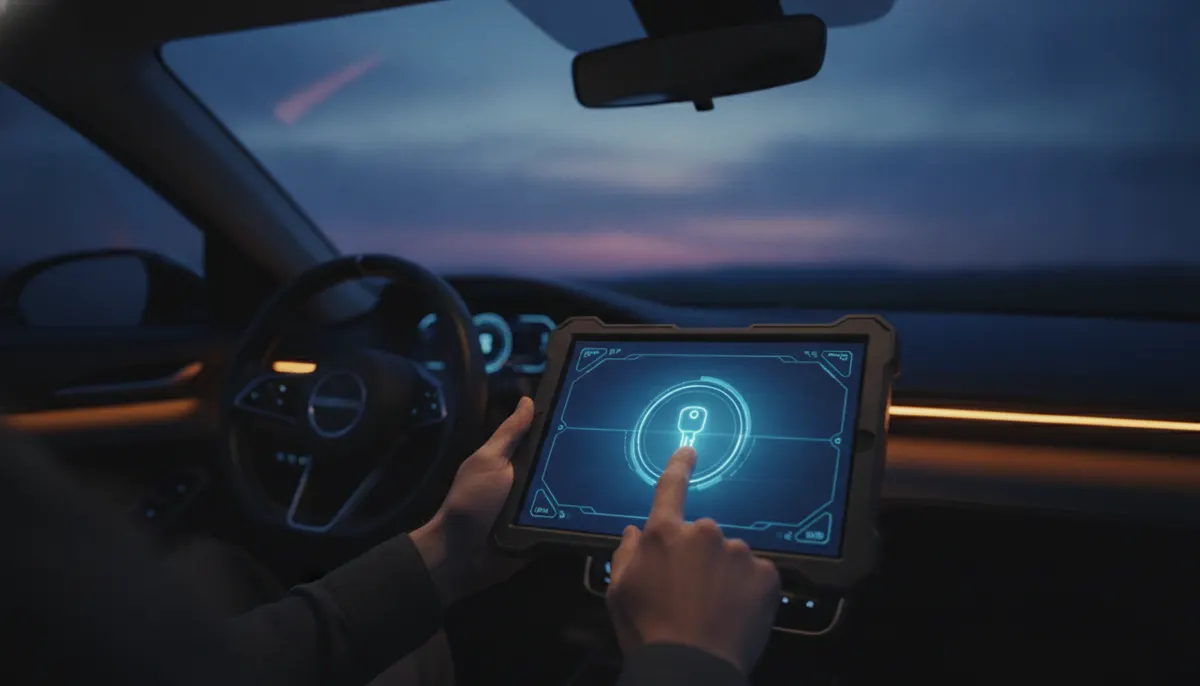 Diagnostic tablet programming a car key inside the vehicle