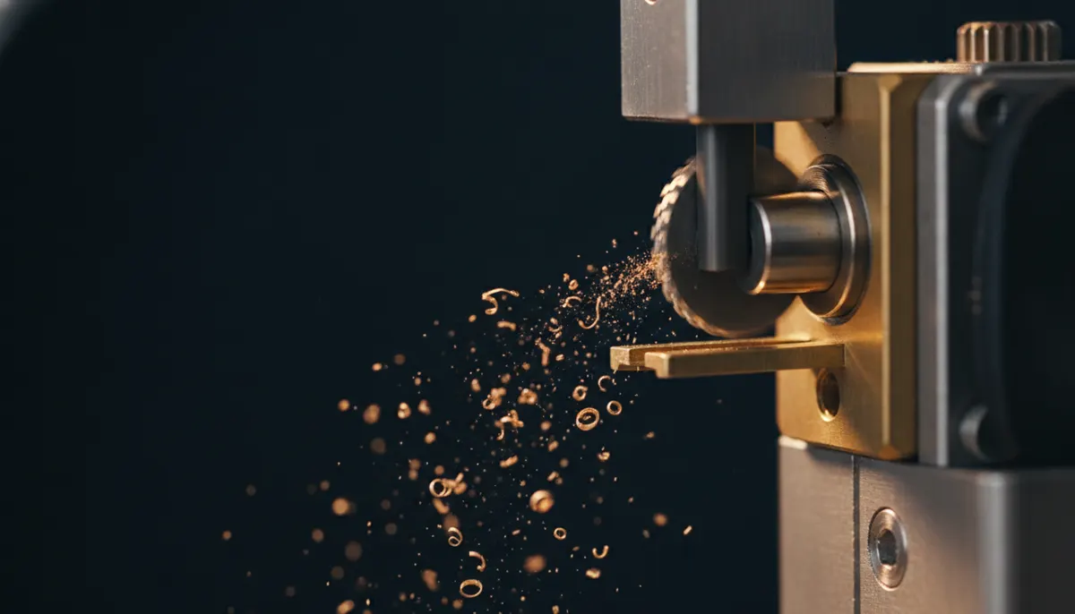 A new car key blade being cut, brass shavings in the air