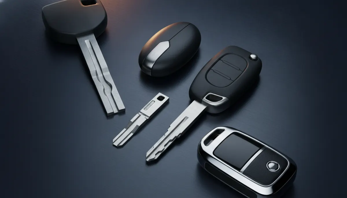 Modern car keys — flip key, smart fob, remote and emergency blade — laid out together