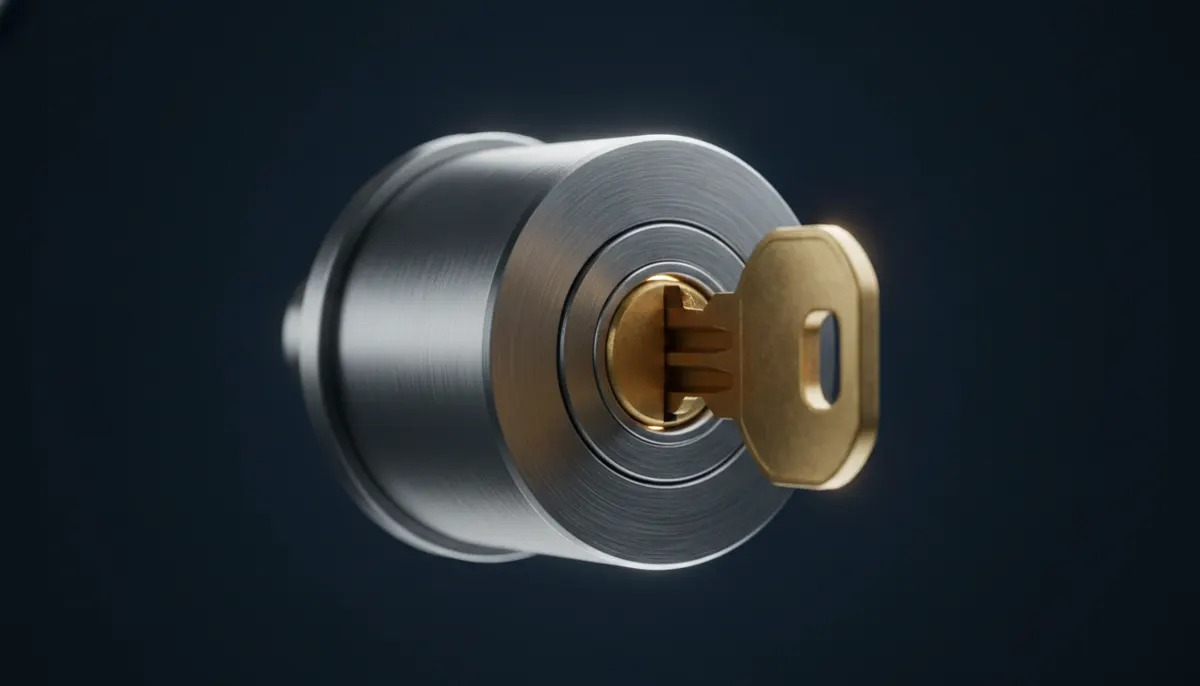 A car ignition barrel with the key inserted and keyway glowing