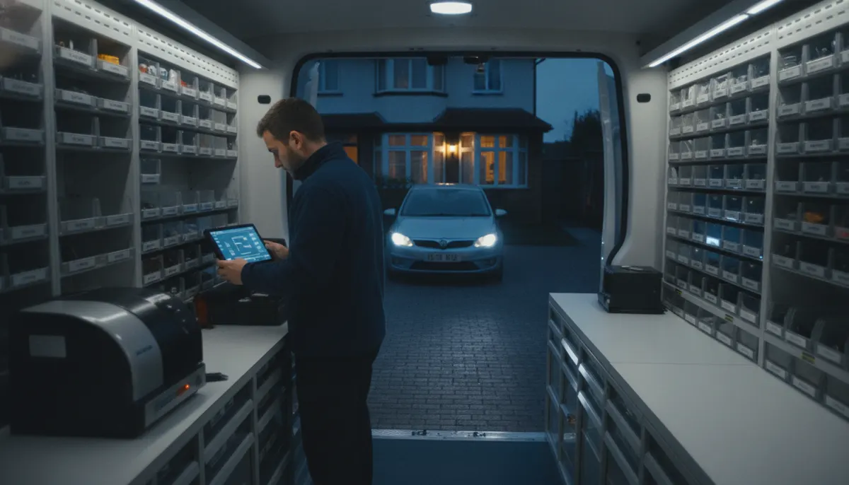Inside a modern locksmith van — racking, parts bins and workbench