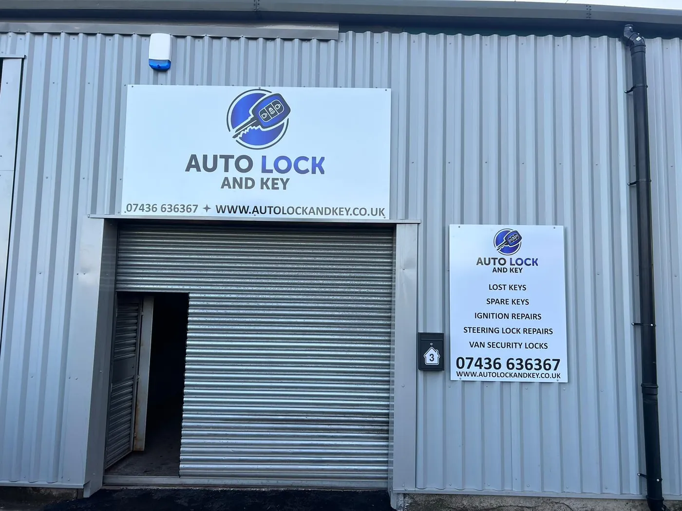 Auto Lock And Key's unit on Liverpool Road East, Kidsgrove &mdash; signage with the business name, phone number and unit 3 plaque